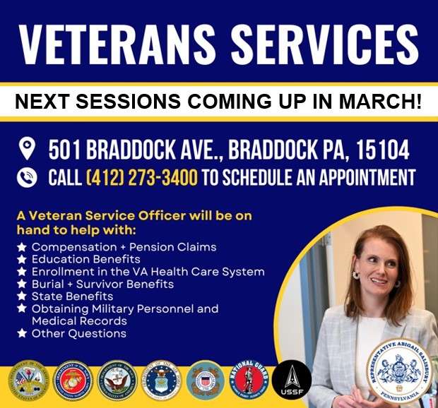 Graphic announcing that next Veteran Services Sessions will take place March 3-5. 