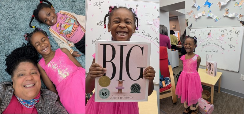 Photos from District Office Administrator Tracy Baton's visit to the Trying Together center in Homewood, where she read the book "Big" during a Black History Month event.