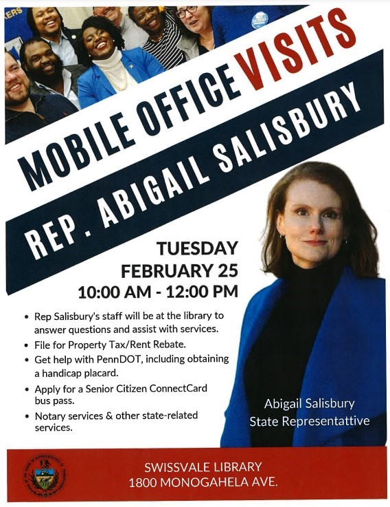 A flyer announcing Rep. Salisbury's next mobile office on Tuesday, Feb. 25.