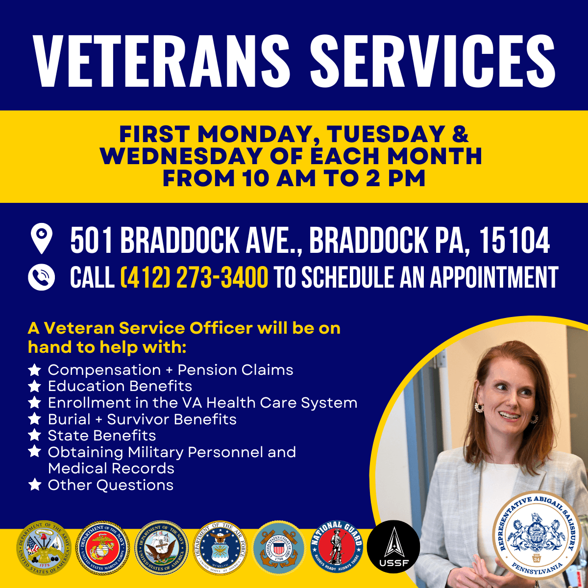 A graphic announcing veterans services, which are coming up March 3-5.