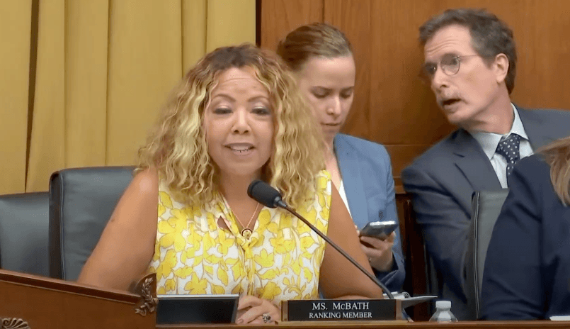 Rep. Lucy McBath seated behind the dais in the House Judiciary Subcommittee on Crime