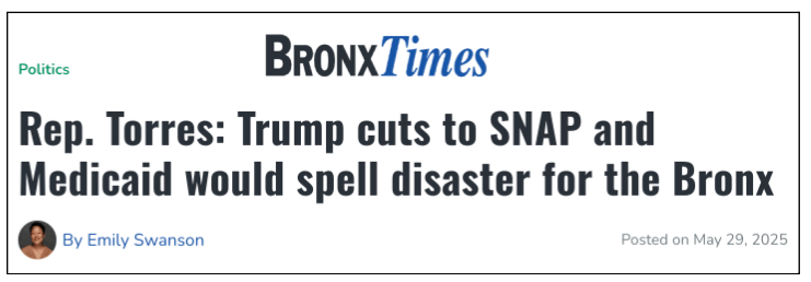Bronx Times: Rep. Torres: Trump cuts to SNAP and Medicaid would spell disaster for the Bronx