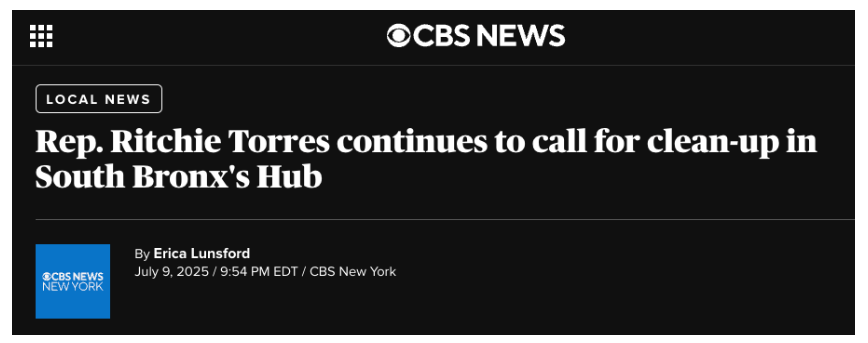 CBS News: Rep. Ritchie Torres continues to call for clean-up in South Bronx's Hub