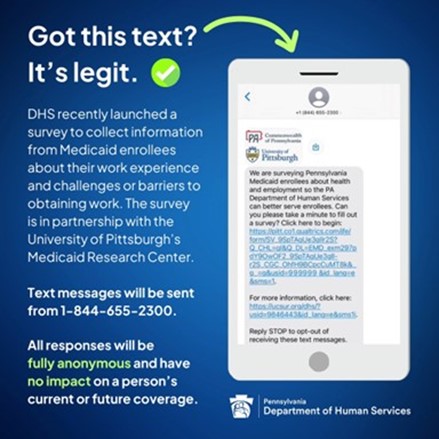 A graphic with a picture of a cell phone text chain that says "Got this text? It's legit. DHS recently launched a survey to collect information from Medicaid enrollees about their work experience and challenges or barriers to obtaining work. The survey is in partnership with the University of Pittsburgh's Medicaid Research Center. Text messages will be sent from 1-844-655-2300. All responses will be fully anonymous and have no impact on a person's current or future coverage."