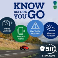 A graphic with a car driving and text that says "Know before you go. Traffice cameras, personal alerts, live traffic updates, weather forecast: 511pa.com"