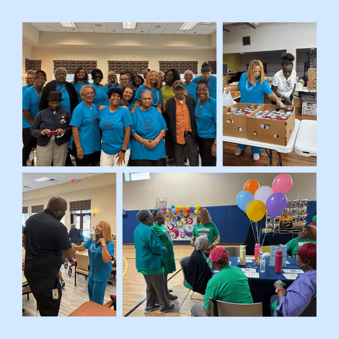 Four-photo collage of Rep. McBath visiting senior groups and nonprofit organizations.