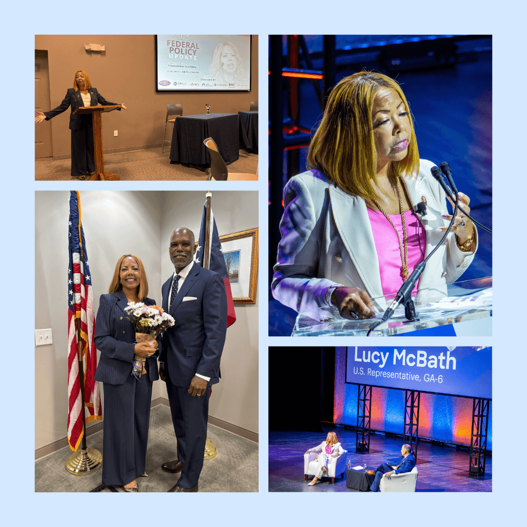 Photo collage of Rep. McBath delivering remarks and answering questions at two chamber events.