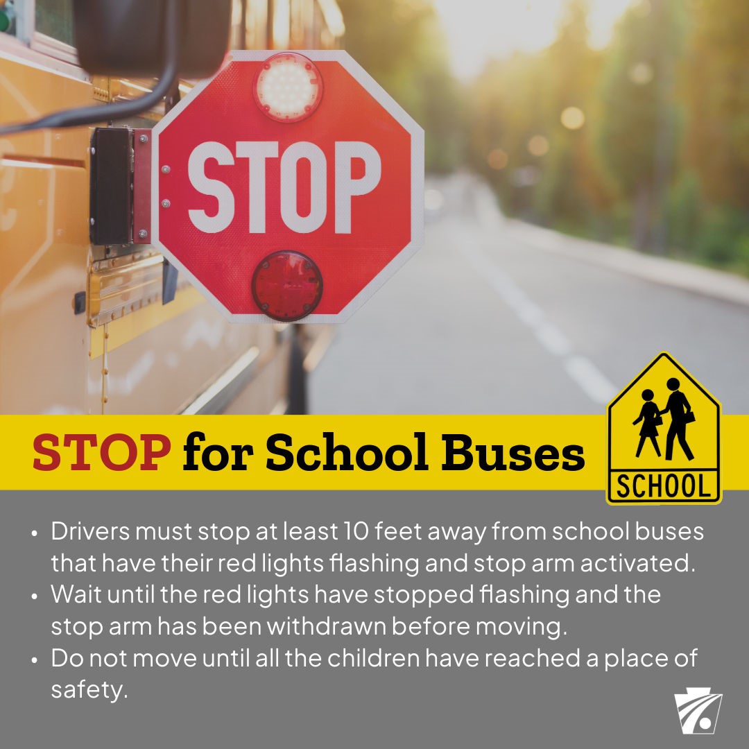 A graphic with a picture of a school bus and text that says "Stop for School Buses. Drivers must stop at least 10 feet away from school buses that have their red lights flashing and stop arm activated. Wait until the red lights have stopped flashing and the stop arm has been withdrawn before moving. Do not move until all children have reached a place of safety."