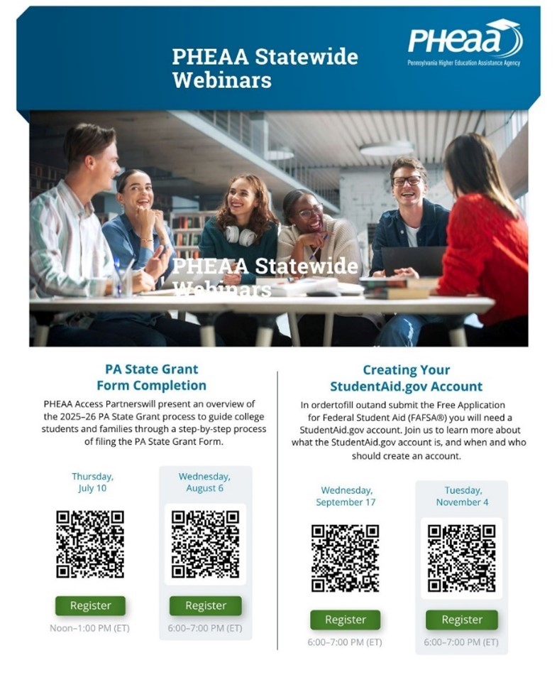 An image of a flyer titled "PHEAA Statewide Webinars"