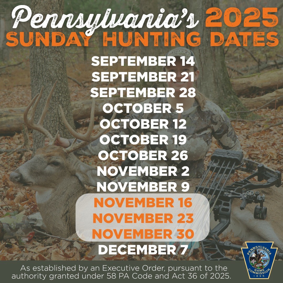 A graphic that says "Pennsylvania's 2025 Sunday Hunting Dates: •	September 14, 21, 28 •	October 5, 12, 19, 26 •	November 2, 9, 16, 23, 30 •	December 7"