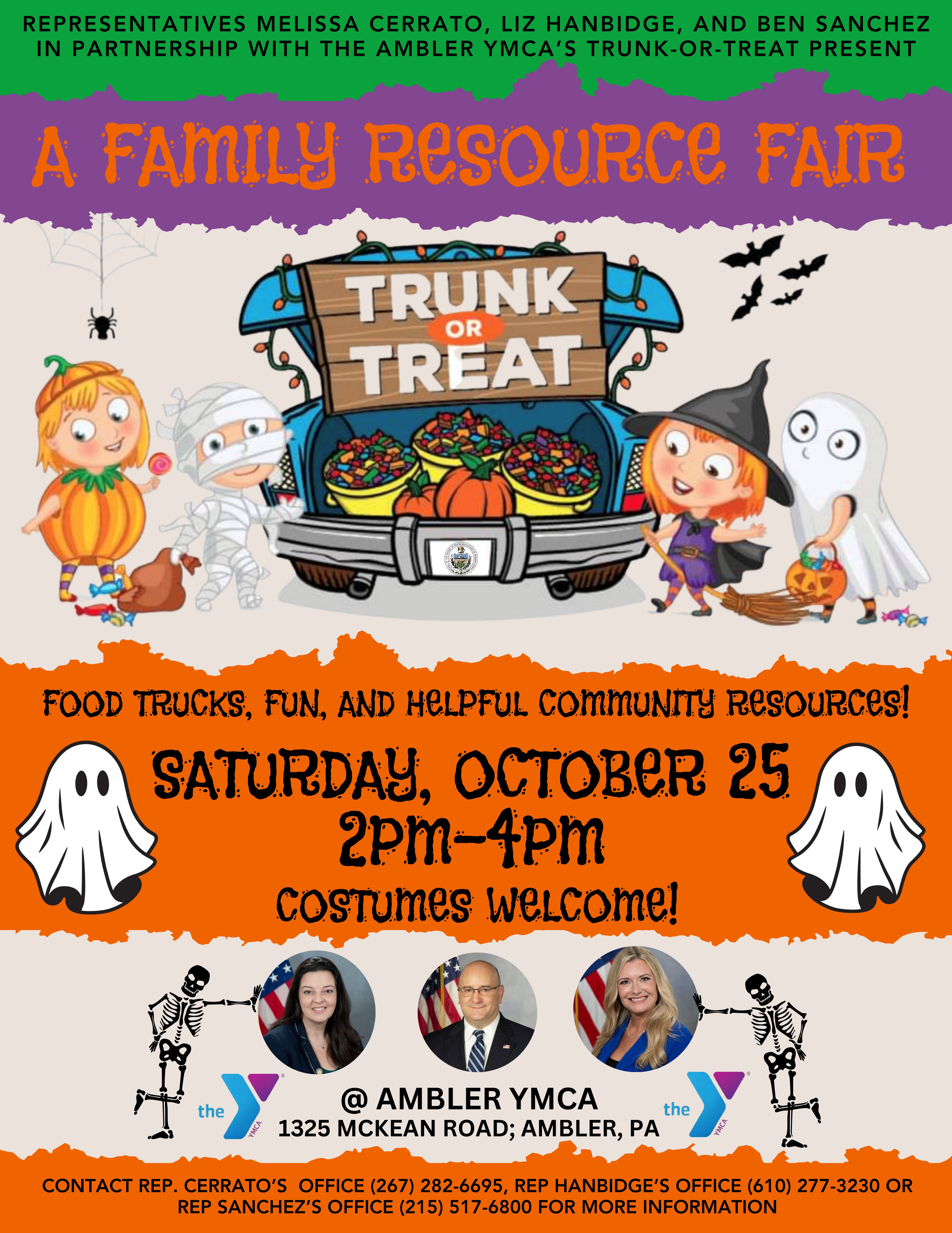 the flyer for the representative's family resource fair trunk or treat that is being held in conjunction with Ambler Y at their facility at 1225 McKean Road in Ambler on October 25th from 2pm to 4pm