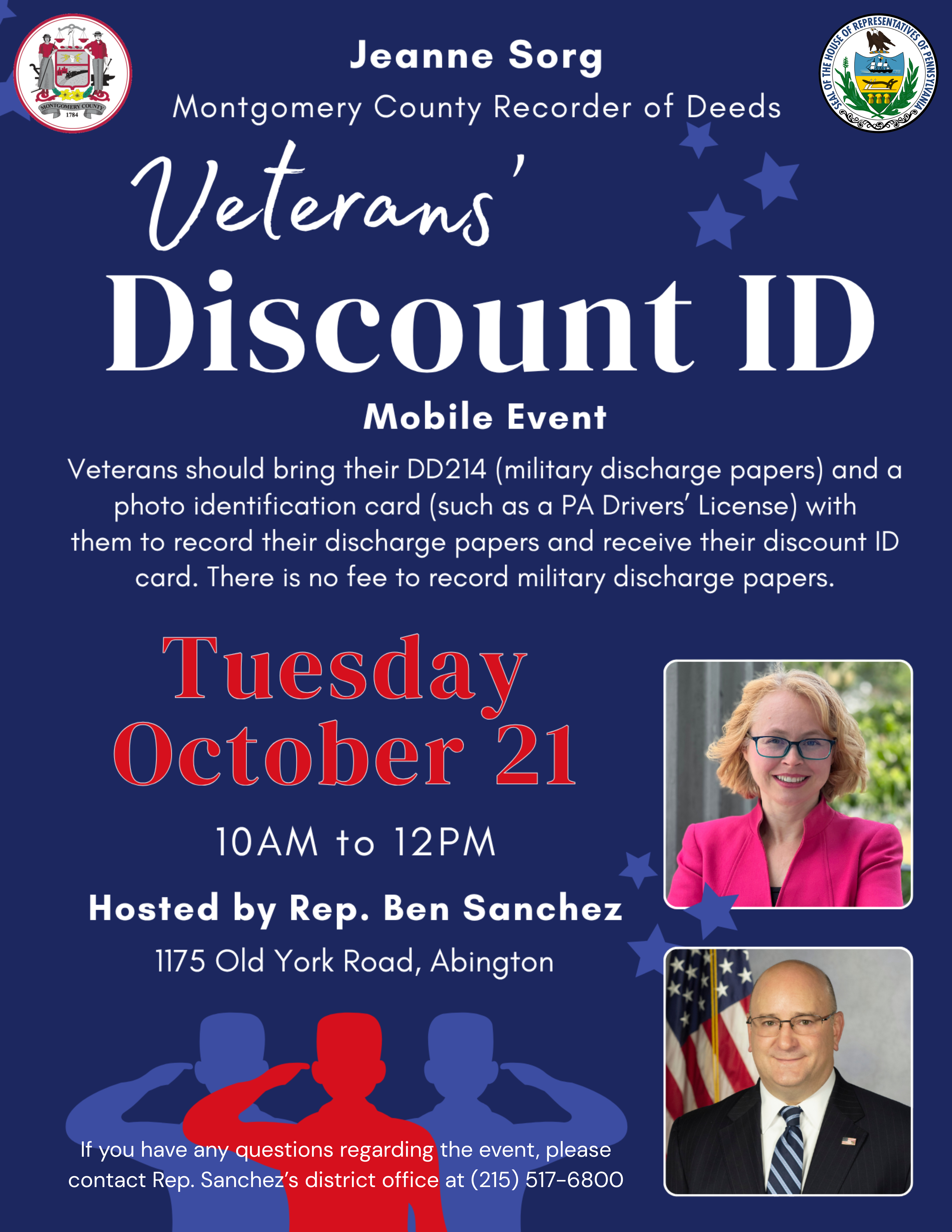 the flyer image of the Veterans Discount ID event with Recorder of Deeds on Tuesday October 21st from 10am to 12pm at Rep Sanchez's district office