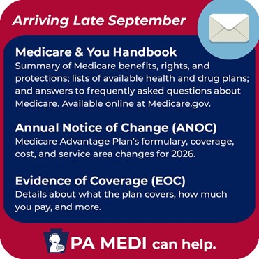 Graphic that says "arriving LAte September, Medicare & You Handbook, Annual Notice of Change and evidence of Coverage - PA MEDI can help."