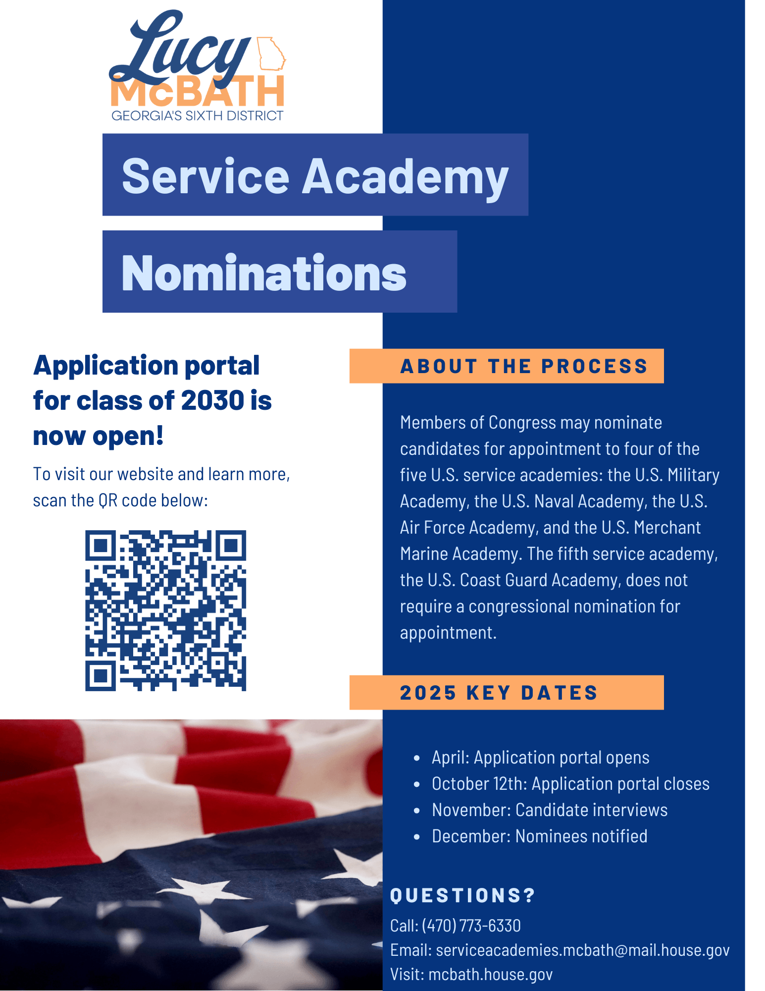 Flyer with information about Rep. McBath's Service Academy Nominations process. Clicking the photo links you to her Military Service Academy Nominations webpage.