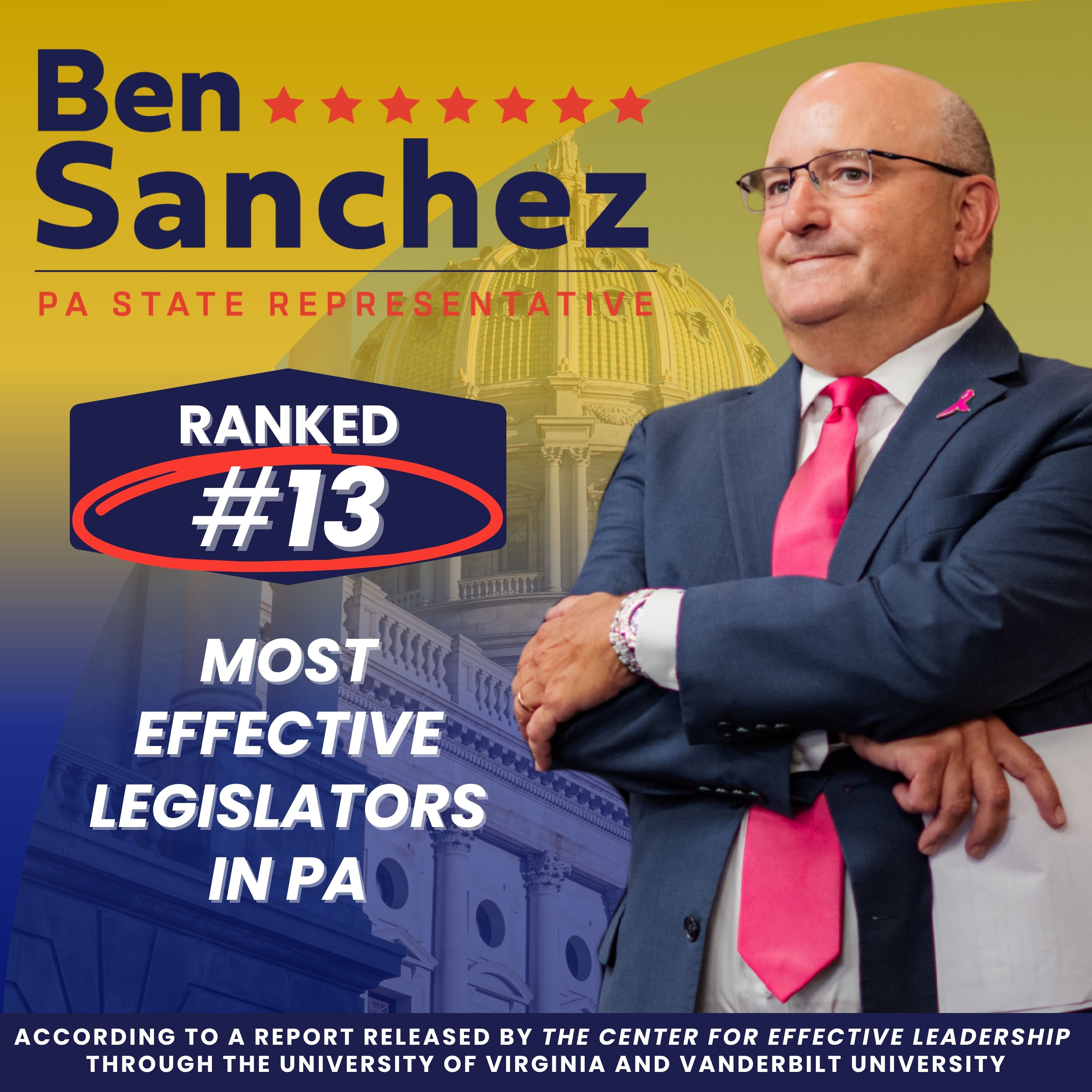 Image of Rep Sanchez with the information of being ranked #13 in the list of most effective legislators in PA.