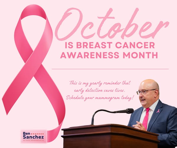October is Breast Cancer Awareness Month image with Ribbon and a photo of Rep Sanchez with the reminder to get your mammogram this year!