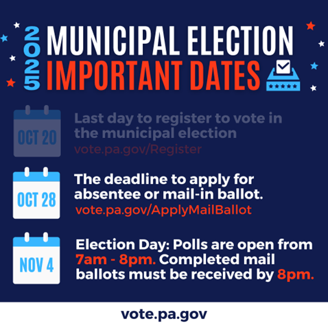 Graphic that says "2025 Municipal election Dates, October 28 is the deadline to apply for an absentee or mail-in ballot and Nov. 4 is election day, polls are open from 7 a.m. to 8 p.m.