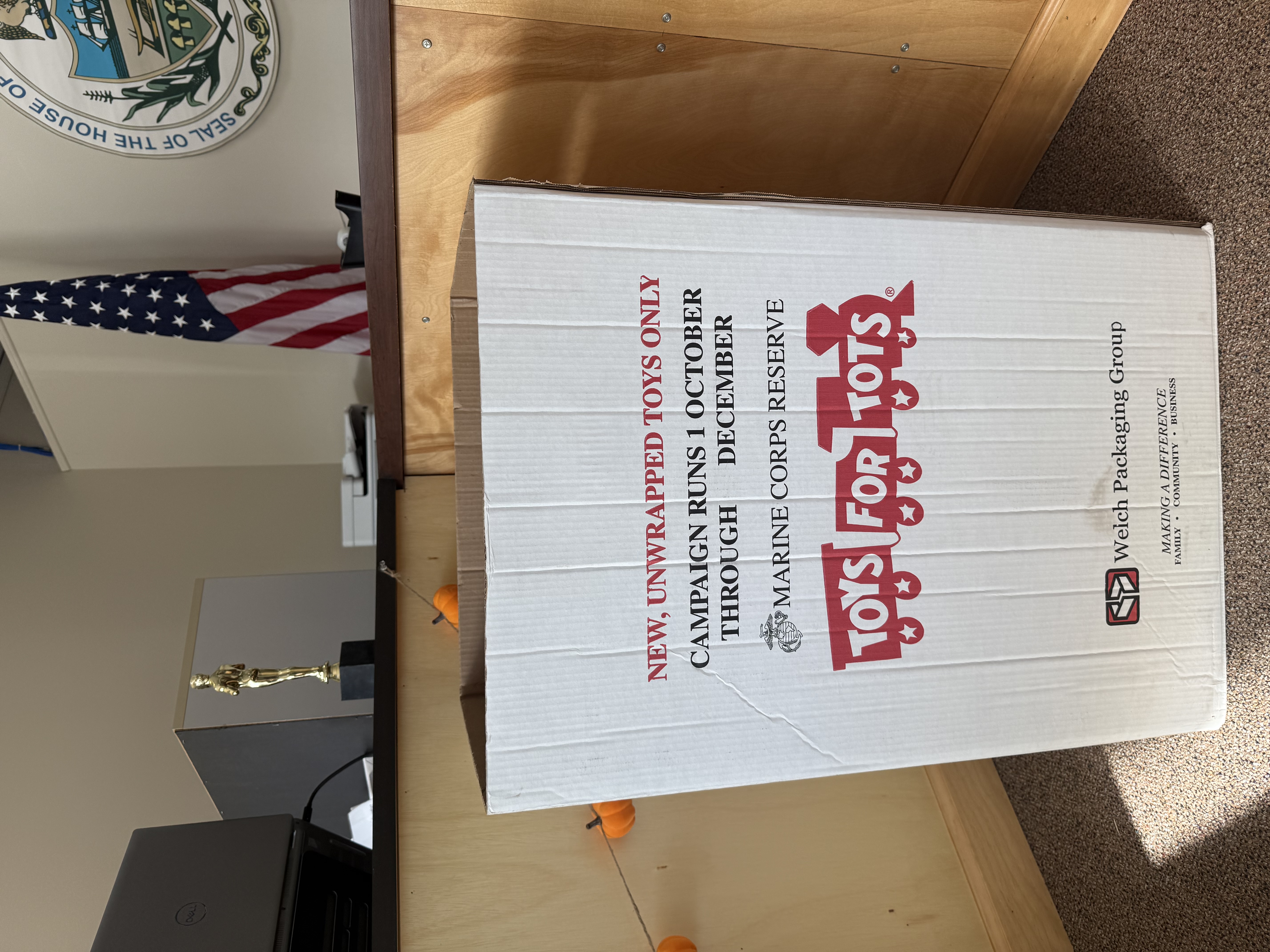 A picture of a Toys for Tots donation box in Rep. Pashinski's District Office.