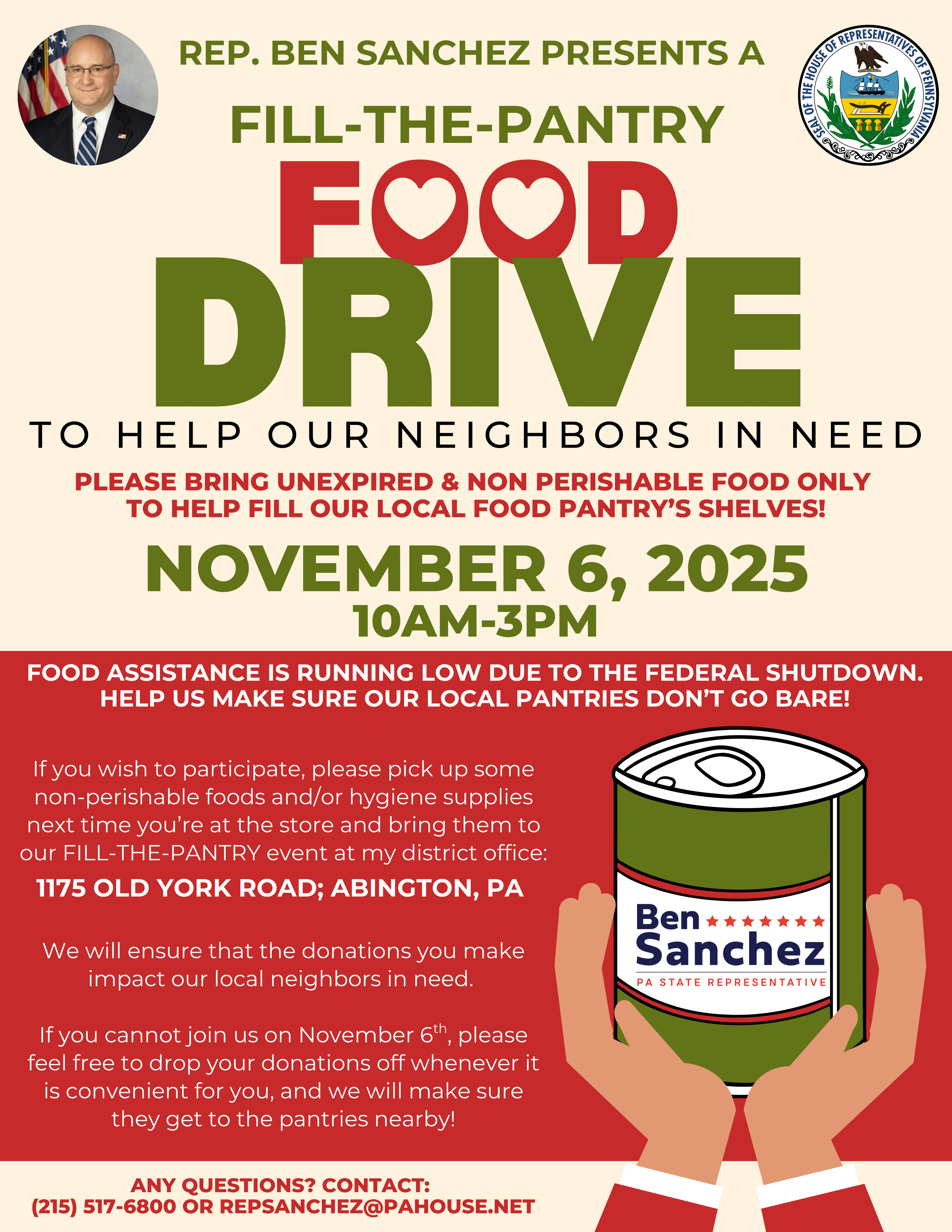 Image that describes the Food Drive details for November 6th from 10am-3pm