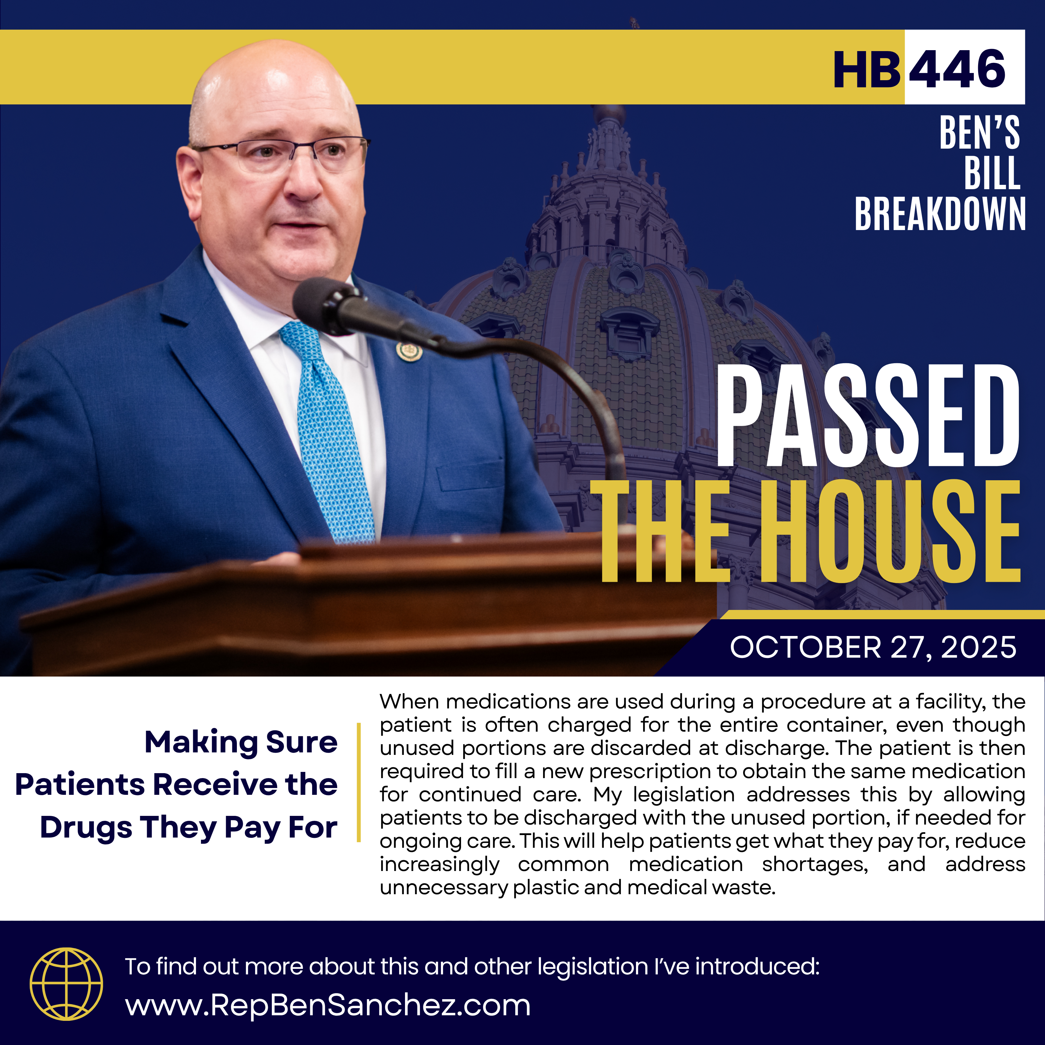 Image of Rep. Sanchez's bill breakdown for HB446 regarding his legislation passing the house on October 27th.