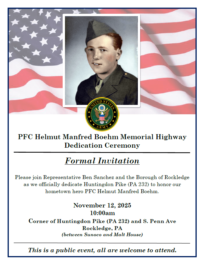 Image depicting PFC Helmet Boehm on top of the invitation to the dedication ceremony for the Helmet Boehm Memorial Highway on November 12th in Rockledge Borough