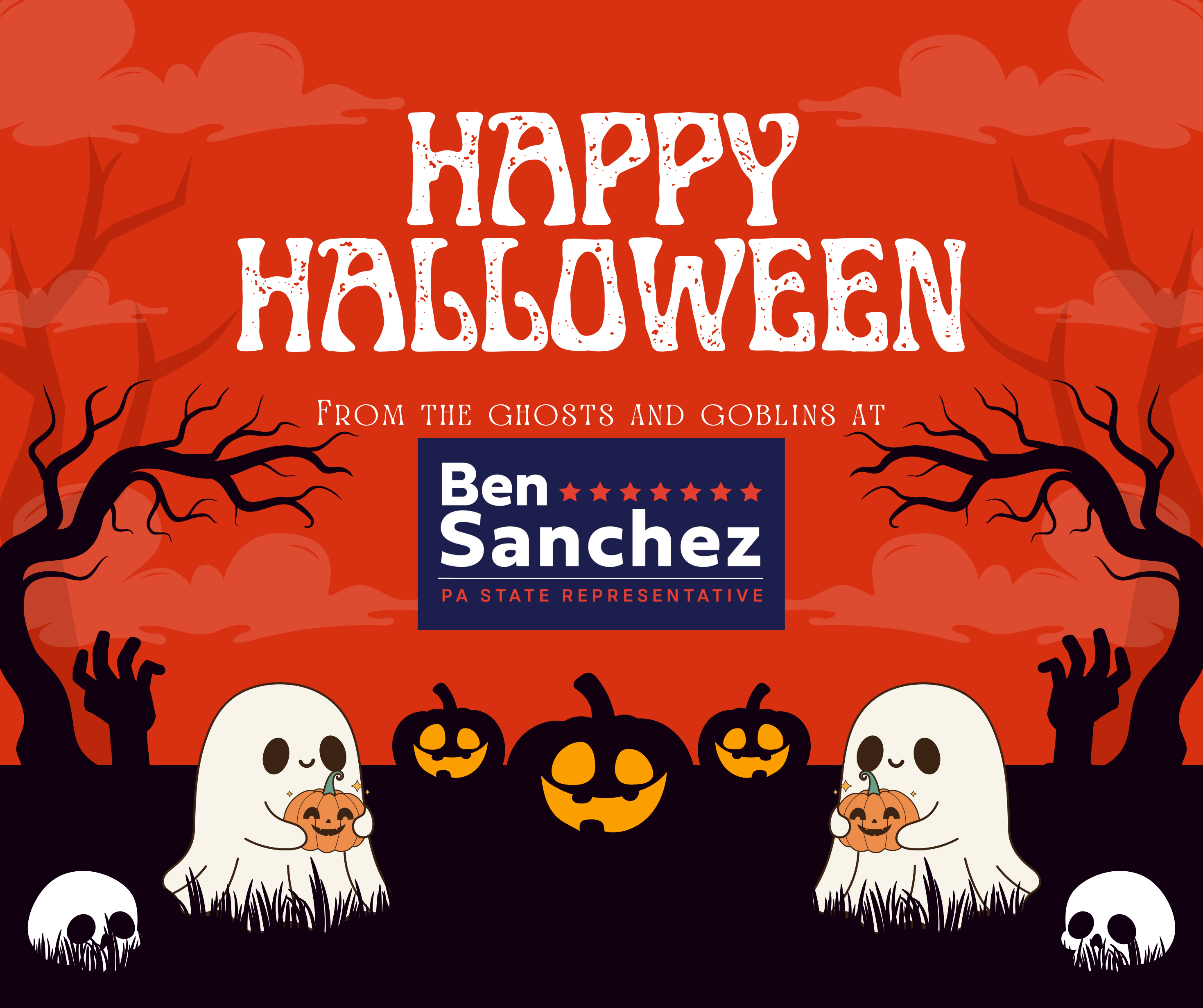 Image that says Happy Halloween from Rep Ben Sanchez with ghosts and pumpkins