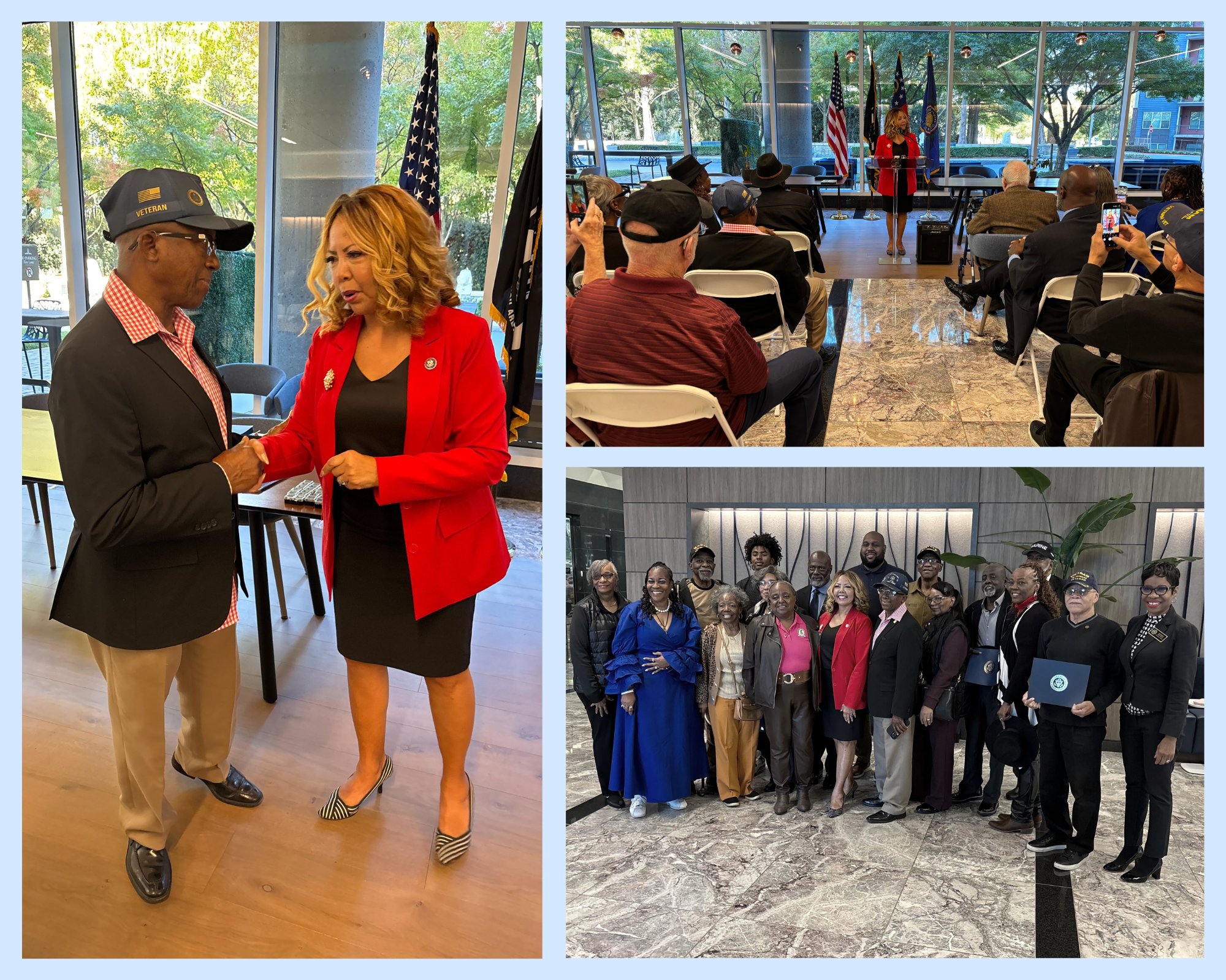 Photo collage of Rep. McBath and local veterans during her Vietnam War 50th Commemoration Pinning Ceremony.