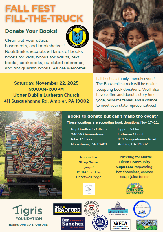 Flyer decribing the Book donation drive that Rep Sanchez is partnering with other community organziations at Upper Dublin Lutheran Church on November 22nd from 9am-1pm.
