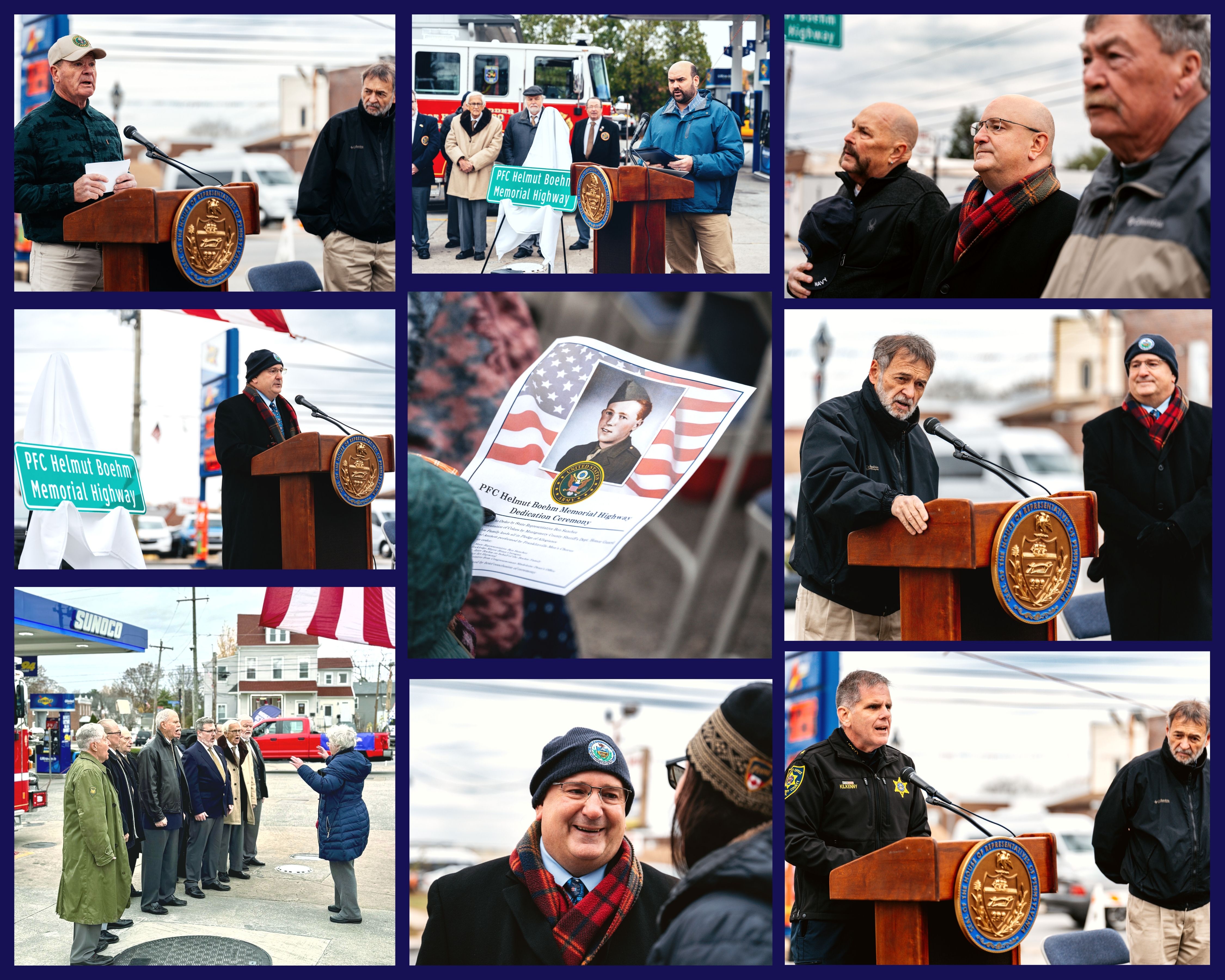 Photo collage from the PFC Helmut Boehm Memorial Highway dedication ceremony