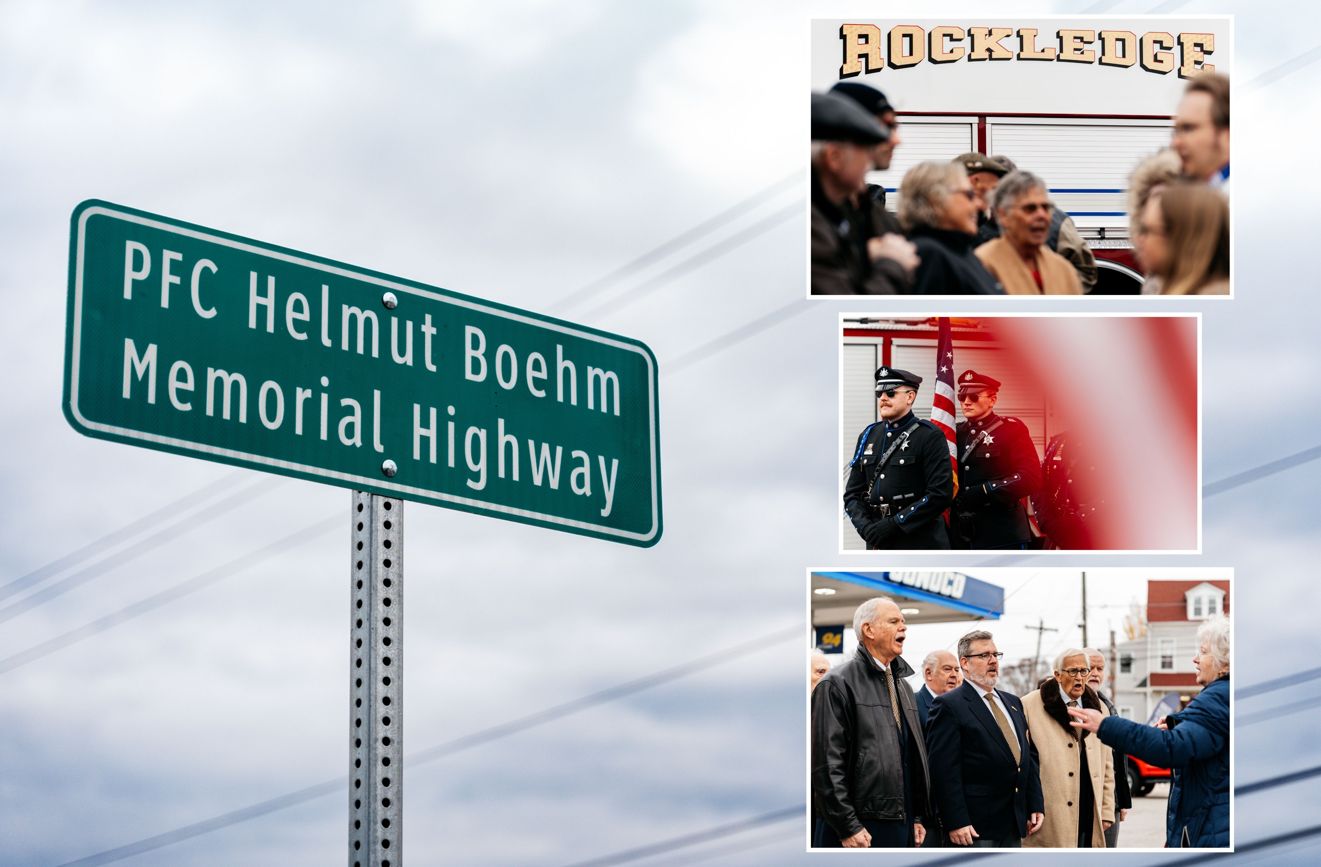 Photo collage from the PFC Helmut Boehm Memorial Highway dedication ceremony