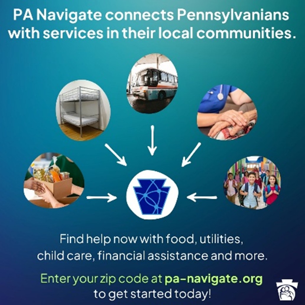 A graphic that says PA Navigate connects Pennsylvanians with services in their local communities. Enter your zip code at pa-navigate.org to get started today!
