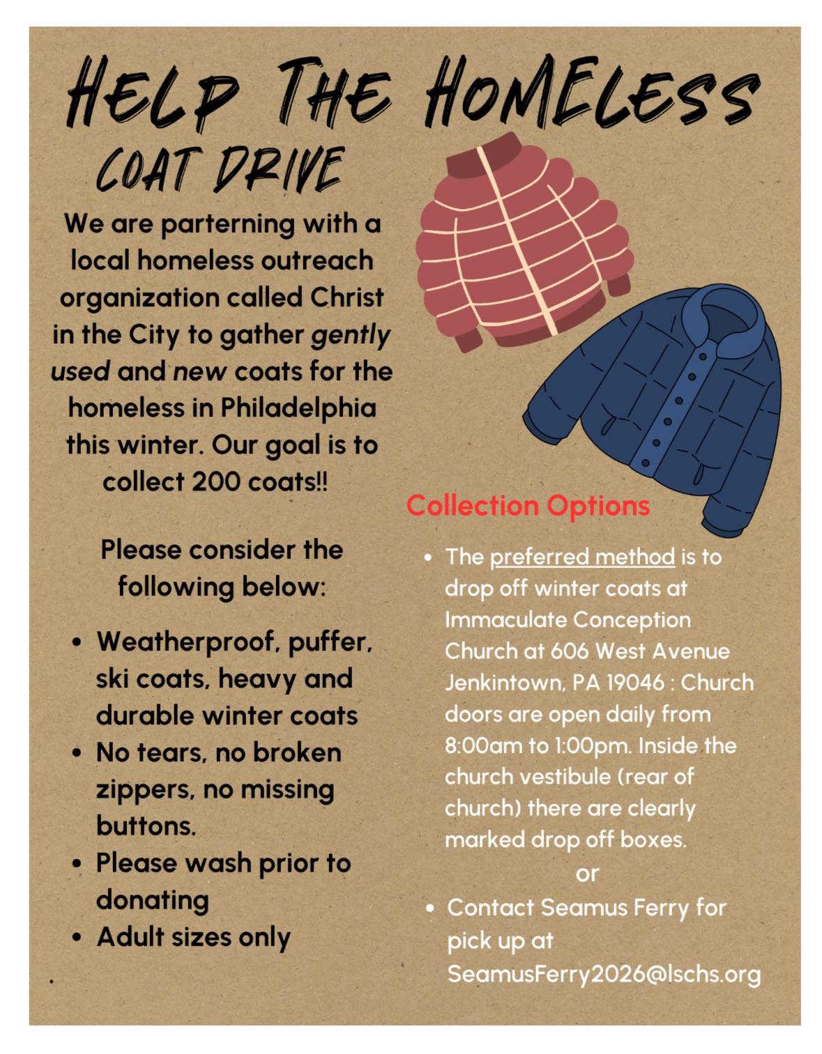 Information regarding a community member's coat drive.
