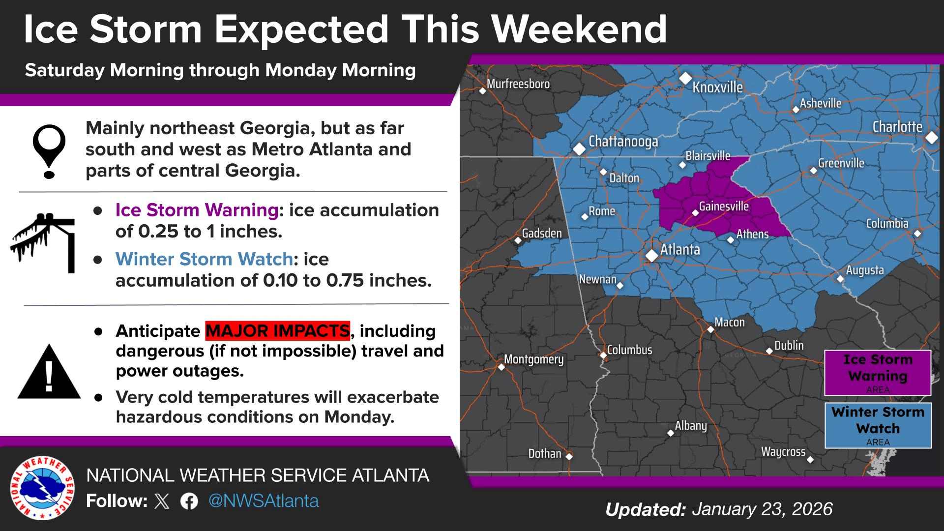 Graphic from National Weather Service Atlanta containing information about the ice storm expected this weekend.
