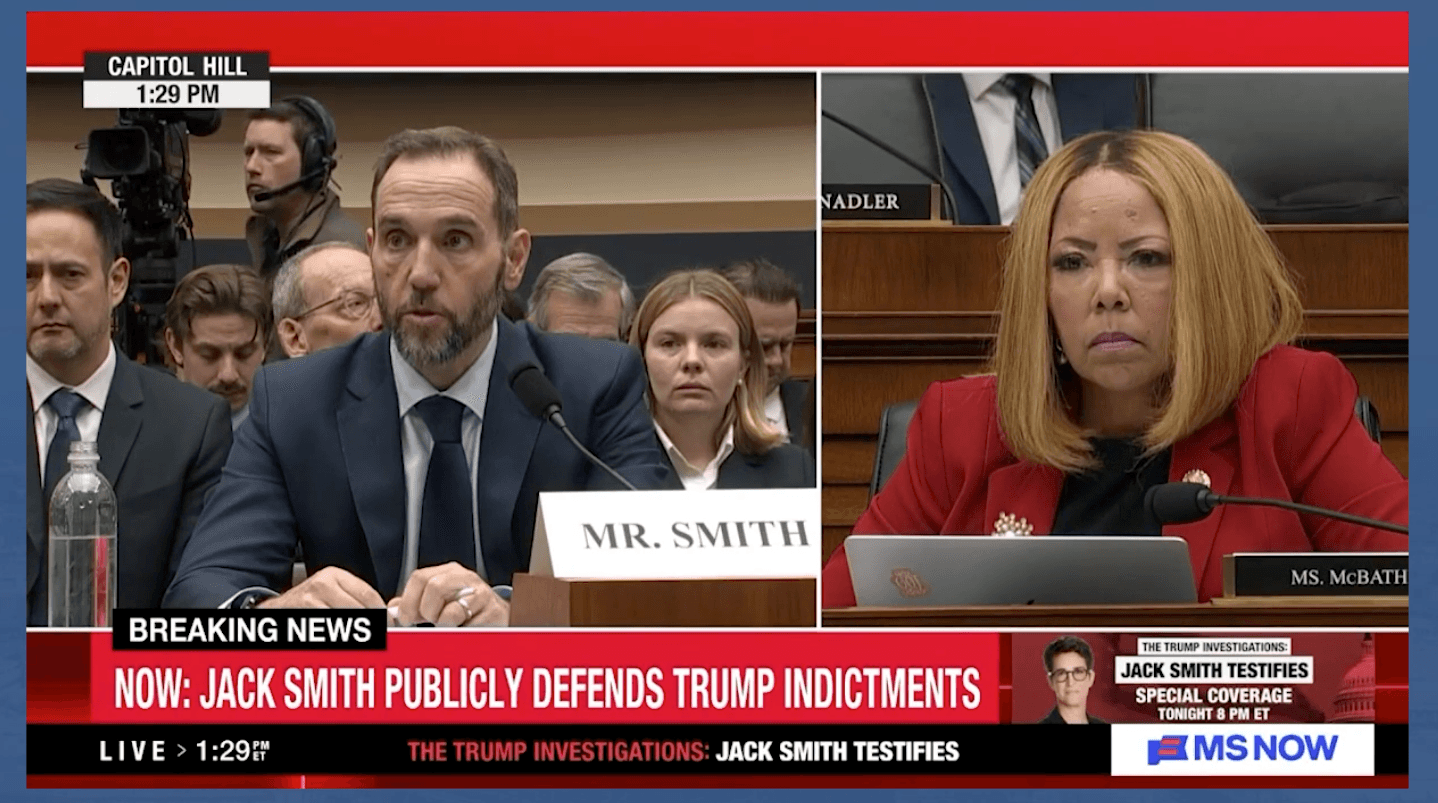Side by side image of Congresswoman Lucy McBath questioning Jack Smith in Judiciary Committee.