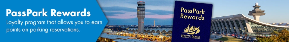 Promotional banner for PassPark Rewards, a loyalty program offering points on parking reservations, with images of an airport tower and terminal.