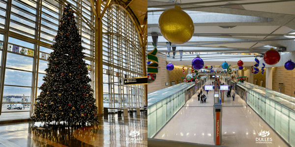 Interior views of Reagan National and Dulles International airports decorated for the holidays, featuring a large Christmas tree at Reagan and festive hanging ornaments at Dulles.