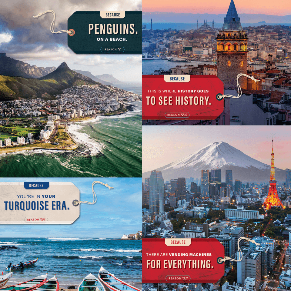 Collage featuring four travel destinations: Cape Town with a view of the beach and Table Mountain, Galata Tower in Istanbul, Mount Fuji near Tokyo Japan with a brightly lit Tokyo Tower at night and seaside boats in Dakar Senegal. 
