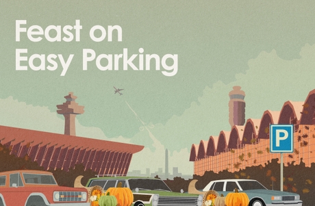 Illustration of a parking area with vintage cars and pumpkins, featuring a stylized backdrop with iconic buildings and a sign reading "Feast on Easy Parking."