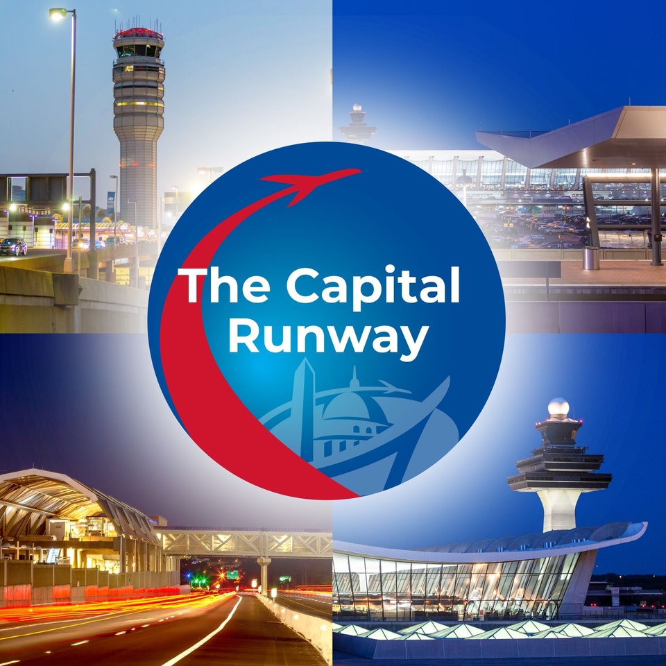 Logo of The Capital Runway surrounded by four images depicting various views of an airport, including a control tower, terminal buildings, and a view of the airport at night with traffic lights.
