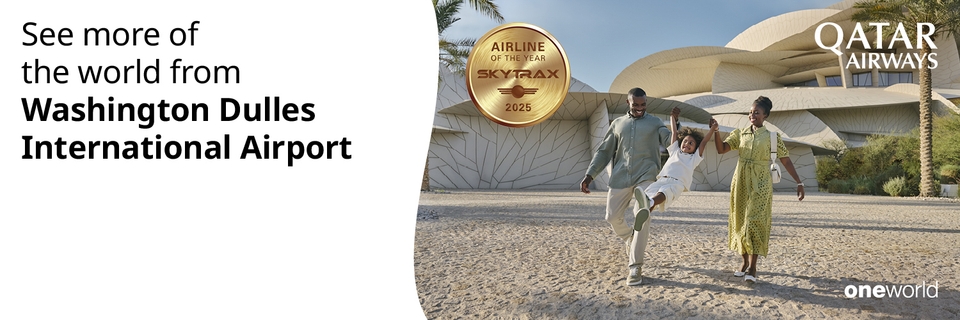  Three people joyfully running with a paper airplane, with the Qatar Airways logo and "Airline of the Year Skytrax 2025" visible. In the background, Promotional text for Qatar Airways is displayed.