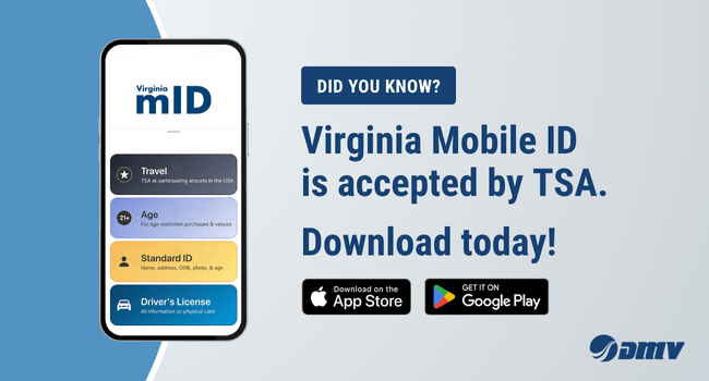 Advertisement displaying a smartphone screen with the Virginia Mobile ID app, highlighting its acceptance by TSA for travel. The ad encourages downloading the app from either the App Store or Google Play, with the Virginia DMV logo visible.
