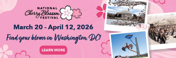 The image is an advertisement for the National Cherry Blossom Festival, occurring from March 20 to April 12, 2026, in Washington, DC. It features cherry blossom graphics and photos of the Jefferson Memorial, people enjoying the blossoms, and a festival event. A "Learn More" button is included.