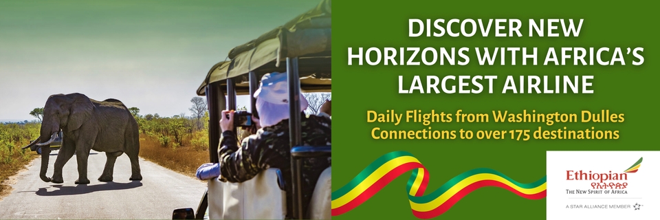 An elephant crosses a dirt road in front of a safari vehicle with passengers inside. The right side of the image features promotional text for Ethiopian Airlines, highlighting daily flights from Washington Dulles and connections to over 175 destinations. The Ethiopian Airlines logo is displayed in the lower-right corner.