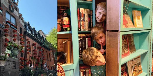 On the left, a brick building with numerous colorful flowers in window boxes and a small American flag near the entrance. On the right, three smiling individuals peek through a bookshelf filled with books and decorative items. It is the O Museum in The Mansion in Washington DC.