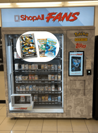 A vending machine labeled "ShopAll FANS" displays various trading cards at Dulles International Airport. Prominent brands include Pokémon, Panini, and Topps. An inset image shows close-ups of Pokémon card packs.