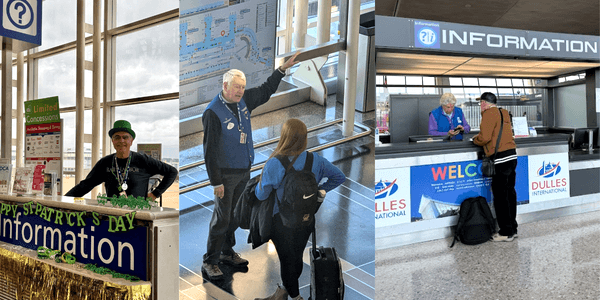 Travelers aid volunteers helping passengers at Dulles International and Reagan National Airport