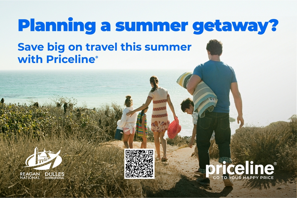 A group of people walks down a sandy path towards the beach, carrying towels and beach gear. The ocean is visible in the background. Text at the top reads "Planning a summer getaway? Save big on travel this summer with Priceline." Logos at the bottom include Reagan National and Dulles International Airports, and Priceline with a QR code.