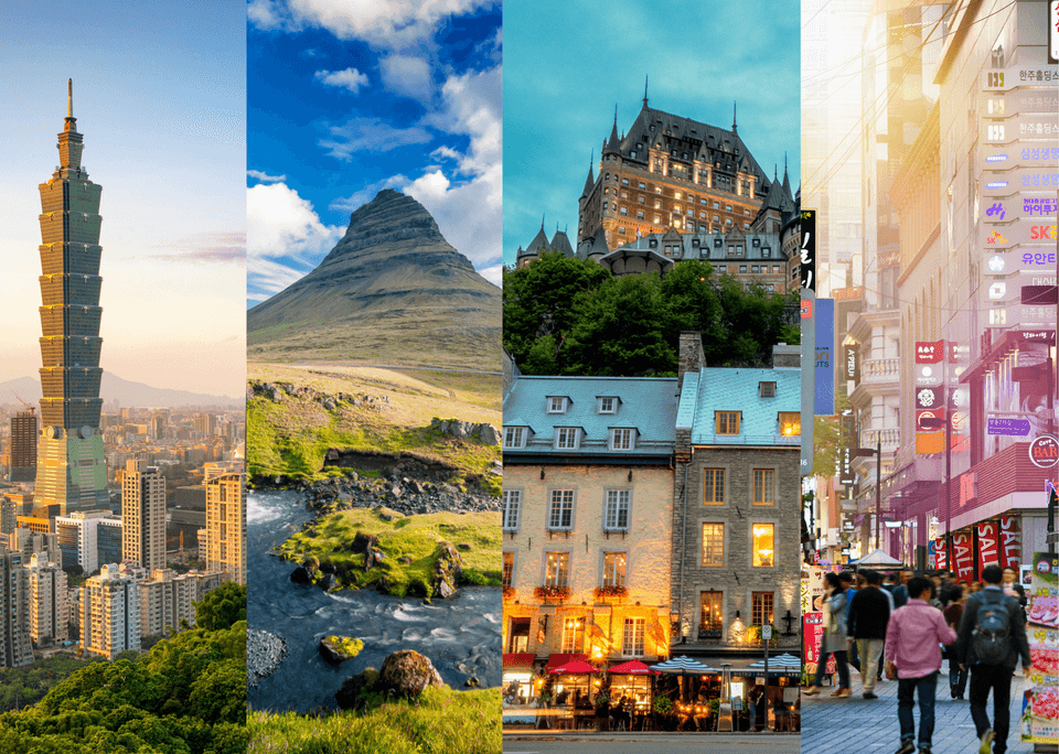 This image is a collage of 4 destinations. From left to right: Taipei, a scenic mountain in Iceland, a historic castle in Quebec City and a busy street in South Korea with numerous signs and people walking.