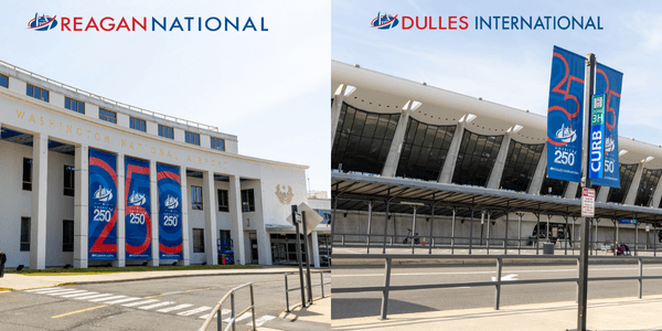 Image showing two airports. On the left is Washington Reagan National Airport, featuring large "250" banners on its building. On the right is Dulles International Airport, with similar "250" banners near the curbside area. Both are under clear skies.