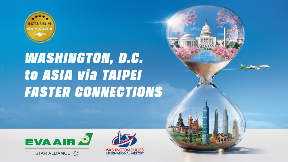An hourglass with Washington, D.C. landmarks in the upper bulb and Asian landmarks, including Taipei 101, in the lower bulb. An EVA Air plane flies beside the hourglass. Text reads, "Washington, D.C. to Asia via Taipei, Faster Connections." Logos for EVA Air and Washington Dulles International Airport are at the bottom. Skytrax 5 Star Airline emblem is in the top left corner.
